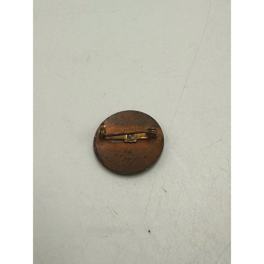 Vintage Enamel Celestial Moon Pin Brooch Blue Yellow Red Speckled Copper Tone 1